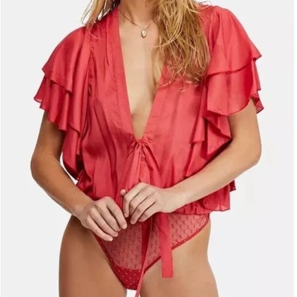 Intimately Free People Boho Ruffle Red Thong Body Suit Size XS